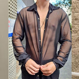Rave Outfits Men Shirt Spring Leisure Sheer Top Slim Fit Fashion Long Sleeve Sexy