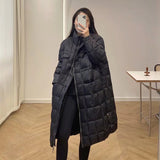 Women Winter Coats Puffer Jacket Down Coat Plaid Stand Collar Mid-Length Female White Duck Down Jacket