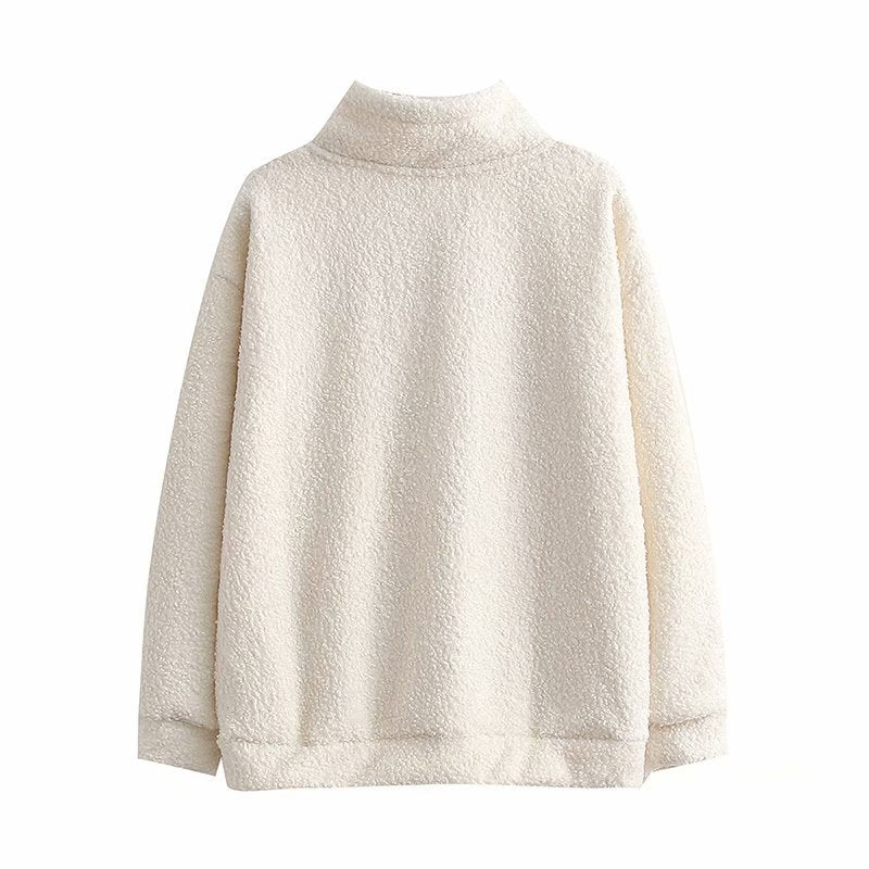 Women Fall Outfits Autumn and Winter Lamb Wool Fleece Zipper Decorative Top Loose Lapels Sweater