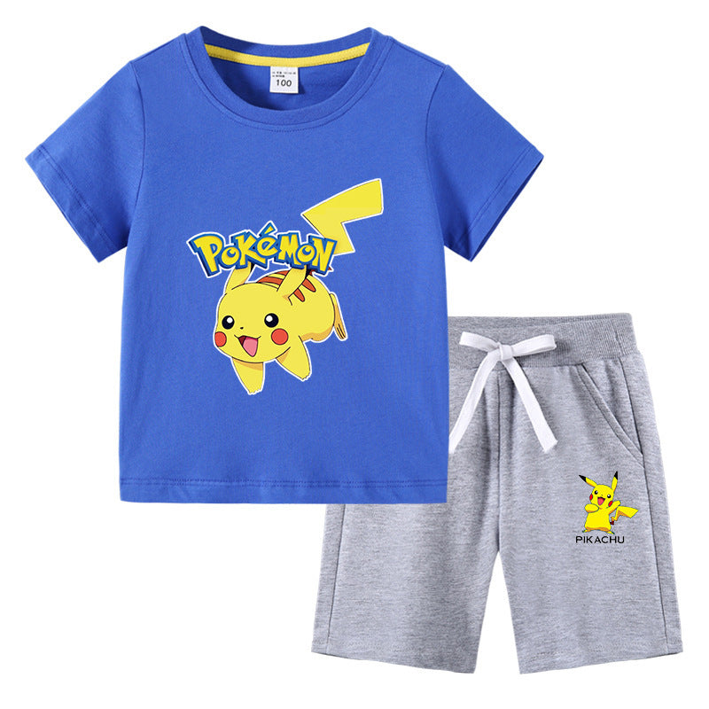 Children Pokemon Pikachu Hoodie T-shirt Shorts Two-Piece Suit Cotton