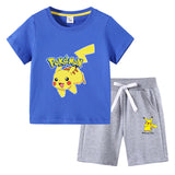 Children Pokemon Pikachu Hoodie T-shirt Shorts Two-Piece Suit Cotton