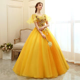 Women's Evening Dress Ball Gown Princess Quinceanera Wedding Dresses Golden Evening Dress Banquet Long Performance Dress Pettiskirt