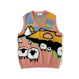 Men Sweater Vest Cartoon Jacquard Sleeveless Sweater Vest Men's Idle Style Loose V-neck Waistcoat Sweater Couple Vest Coat