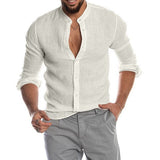 Sweat Wicking Shirt Autumn and Winter V-neck Linen Cardigan Stand Collar Long Sleeve Men's Shirt