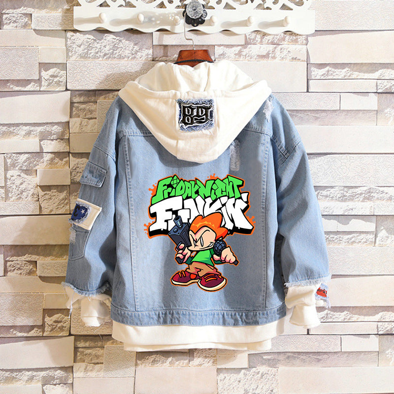 Comic Denim Jacket Man and Woman Cartoon Patterned Denim Jacket