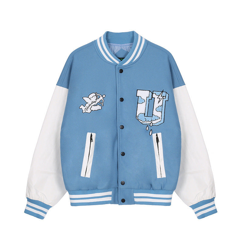 Mens Fall Outfits Flocking Baseball Uniform Jacket Men and Women University Style Loose Street PU Leather Stitching Jacket