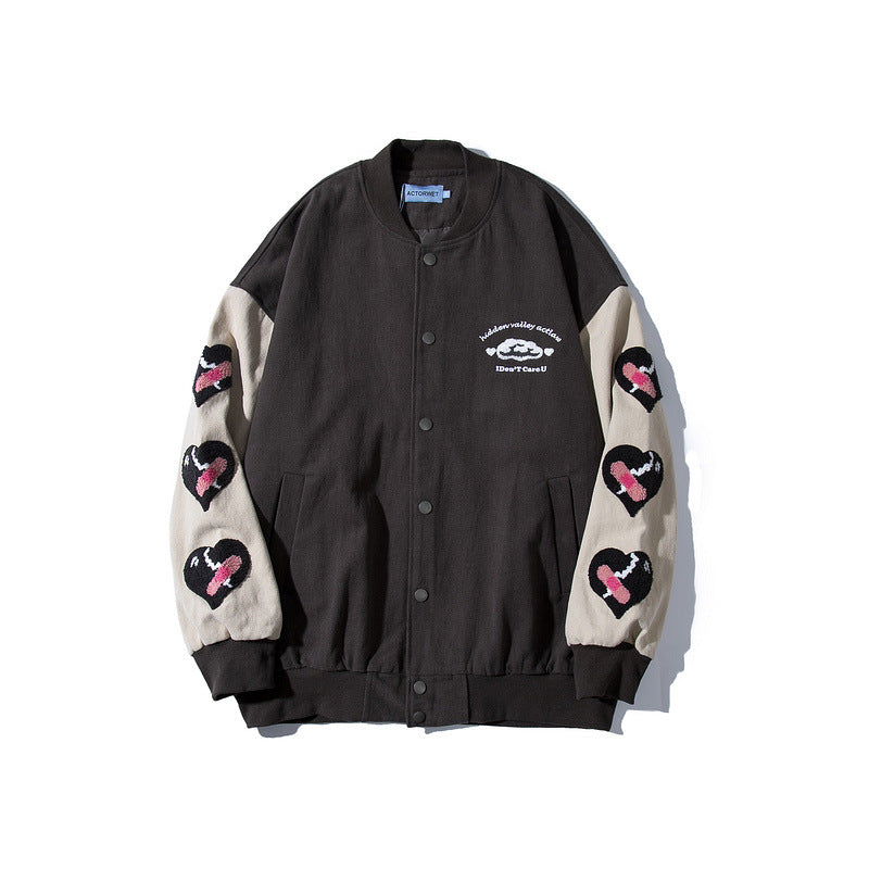 Black Varsity Jacket High Street Loose Coat Men's and Women's Jacket Autumn Baseball Uniform