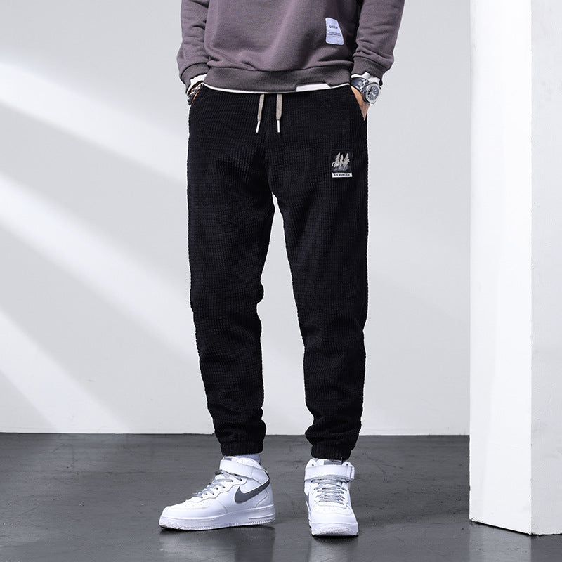 Mens Corduroy Pants Fleece-Lined Thickened Casual Pants Men's Loose Tappered Waffle Warm-Keeping Pants