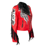 Women Leather Jacket Biker Motorcycle Coat Women's Printed Red Leather Short Slim Fit