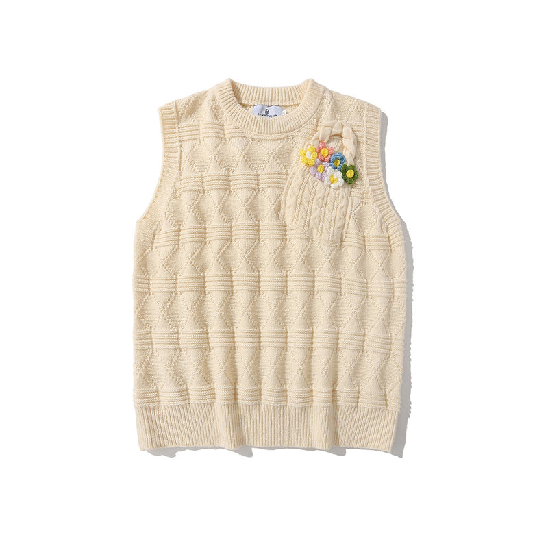 Men Sweater Vest BF Idle Style Small Flower Pocket Sweater Vest Men's Loose Street round Neck Sleeveless Sweater Vest