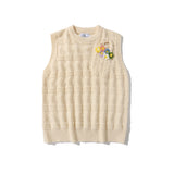Men Sweater Vest BF Idle Style Small Flower Pocket Sweater Vest Men's Loose Street round Neck Sleeveless Sweater Vest