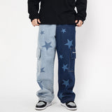 Mens Fall Outfits Five-Pointed Star Multicolor Printing Washed Jeans Straight Wide-Leg Pants