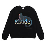 Rhude Hoodie Black Leopard Leopard Printed Hip Hop Men's and Women's Casual round Neck Terry Sweater
