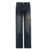 Julia Fox Low Rise Trousers Printed Retro Style Washed Jeans Casual