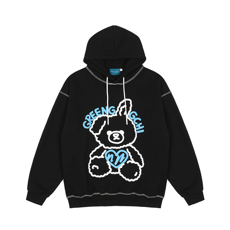 Mens Fall Outfits Autumn and Winter Cartoon Bear Printing plus Velvet Thickened Couple Hooded Sweater Men and Women