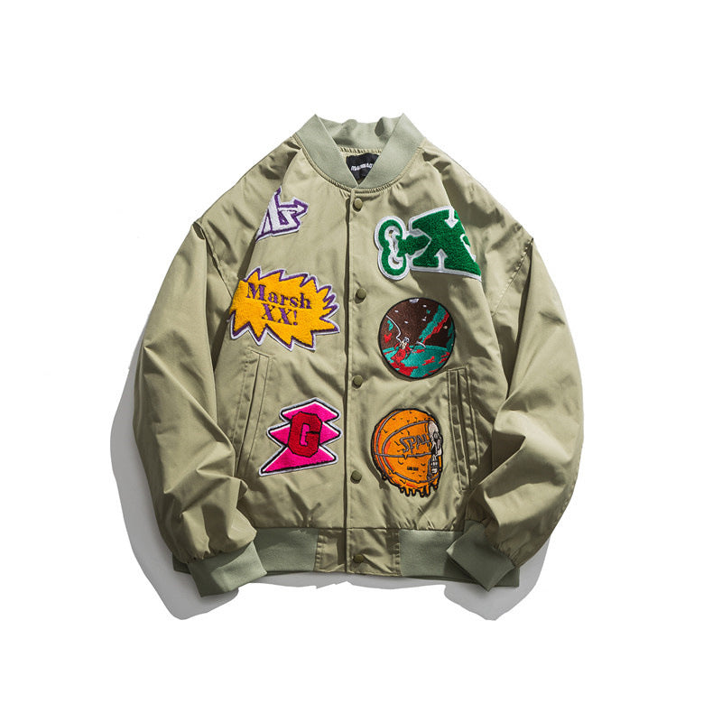 Black Varsity Jacket Autumn Drop Shoulder Badge Affixed Cloth Embroidered Baseball Jacket Jacket for Men