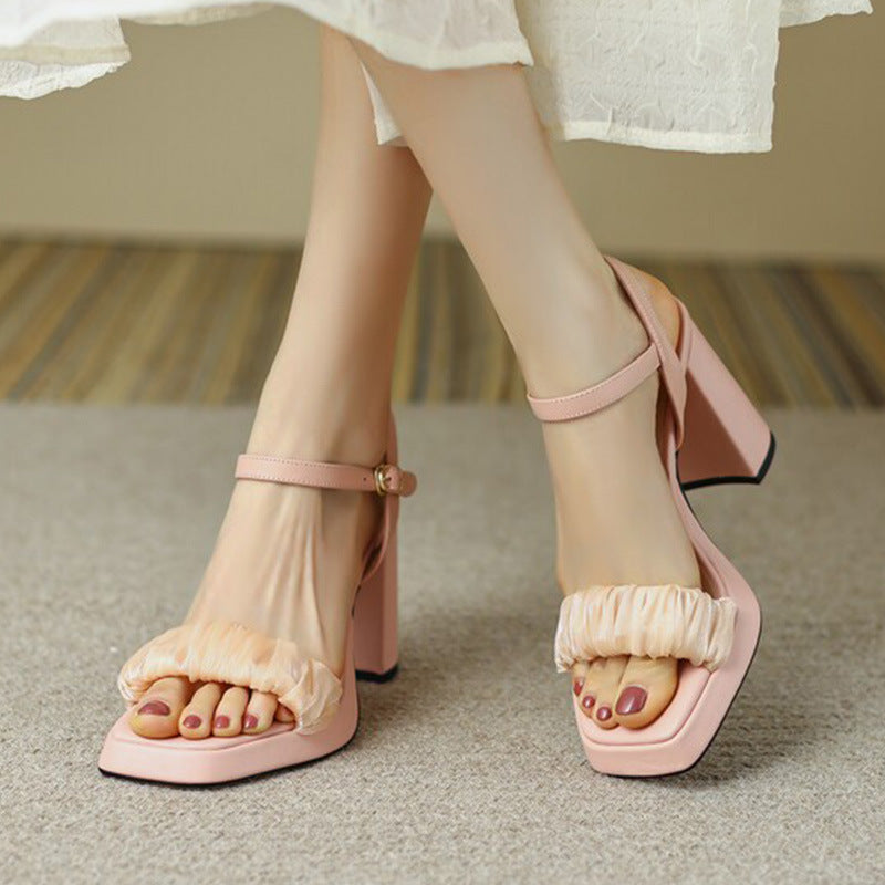 Nude Block Heel Peep Toe Chunky Heel Sandals for Women
