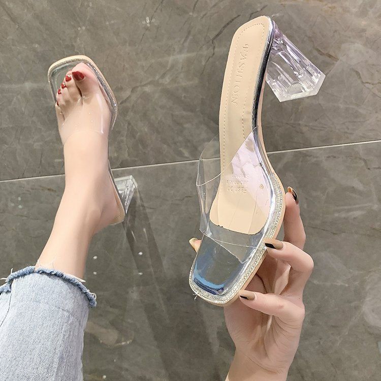 Nude Strappy Block Heels Transparent Sandals