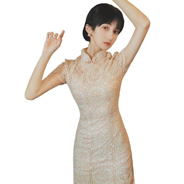 Women Retro Cottagecore Vintage Dress Retro Short Sleeve Stand Collar Summer Cheongsam Plaid Split Fishtail Dress