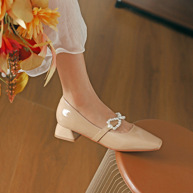 Nude Block Heels Closed Toe Pearl Chunky Heel Pumps Female Autumn Women's Fashion Shoes
