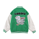 Green Varsity Jacket Street Retro Playing Cards Hip Hop Embroidered Baseball Uniform Men's Thickened Baseball Jacket Jacket