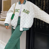 White Cropped Varsity Jacket Embroidered Retro Style Baseball Uniform Contrast Color Cotton-Padded Coat