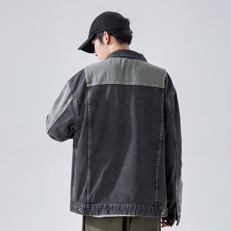 Denim Varsity Jacket Men's Denim Jacket Loose Color Matching Overalls Top