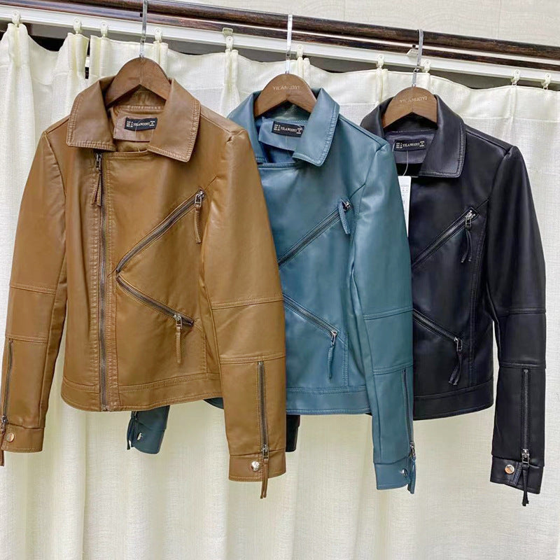 Women PU Leather Jacket Biker Motorcycle Coat Spring and Autumn Loose Motorcycle Polo Collar Top