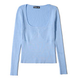 Women Fall Fall Fall Six-Color Square Collar Patchwork Knitting Top Slim Fit Short Sweater