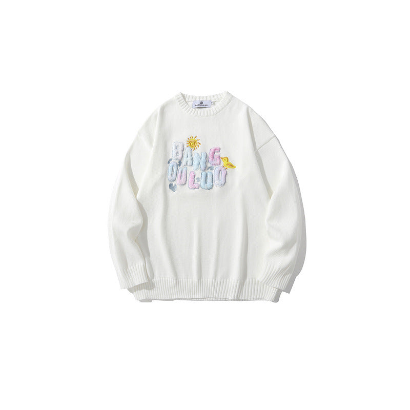 Mens Fall Outfits Vintage Tie-Dyed Alphabet Embroidery Knitwear Men 'S Couple Leisure Pullover Sweater