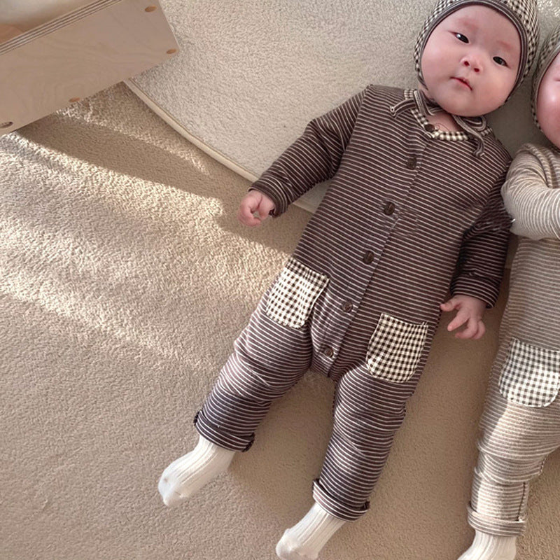 Spring Rompers Baby Striped Base Rompers Pajamas Cap