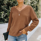 Women Fall/Winter Color V-neck Top Sexy Backless Pullover T-shirt for Women