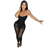 Spring Solid Color Sexy Sling Backless Gauzy One-Piece Trousers