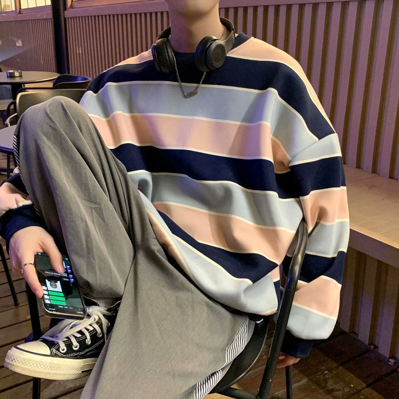 Men Sweatshirts Spring Striped Sweater Men's Long-Sleeved T-shirt Casual