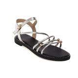 Flat Dress Sandals Summer Square Heel Solid Color Buckle Hollow Thin Strap Sandals