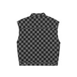 Men Sweater Vest Washed Distressed Checkered Denim Vest Men's Retro Street Sleeveless Work Vest