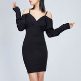 Women Spring Dress Autumn Solid Color off-the-Shoulder Strap Top Baggy Package Hip Tight Skirt Long Sleeve Waist-Tight Sexy Black Dress