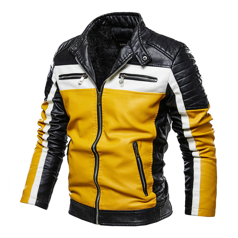 Black Varsity Jacket Racer Jacket Fall Winter Men Leather Men's Color Matching Motorcycle Clothing PU Leather Jacket