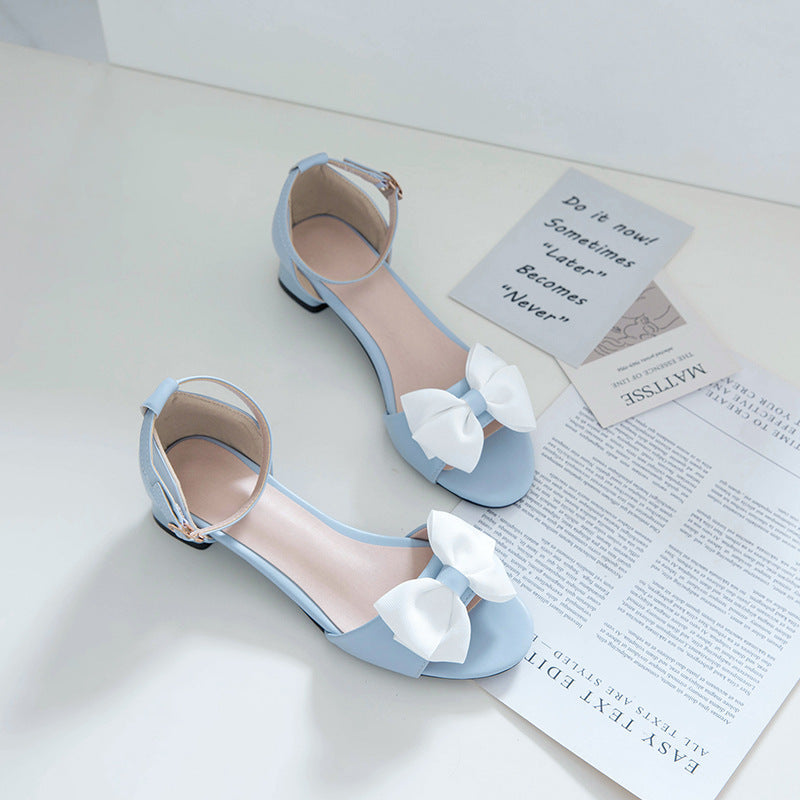 Flat Dress Sandals Summer Low Heel Round Toe Bowknot Buckle Sandals