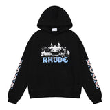 Rhude Hoodie Castle Printed Cotton Men's and Women's Hoodie