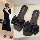 Women Open Toe Sandals Flats Summer Fashion Silk Bow Square Toe Flip Flops Women's Shoes