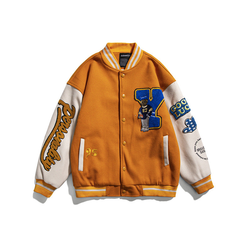 Yellow Varsity Jacket Autumn Leisure Baseball Uniform Couple I Cartoon Embroidered Stand Collar Long Sleeve Jacket Men