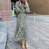 Emery Rose Dresses Printed Long Sleeve Waist-Controlled Large Hem Dress