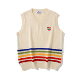 Men Sweater Vest Vintage Rainbow Striped Sweater Vest Men's Loose V-neck Sweater Waistcoat Jacket