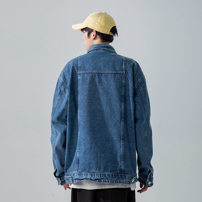 Denim Varsity Jacket Autumn and Winter Washed Denim Jacket Men's All-Match Loose Labeling Student Jacket