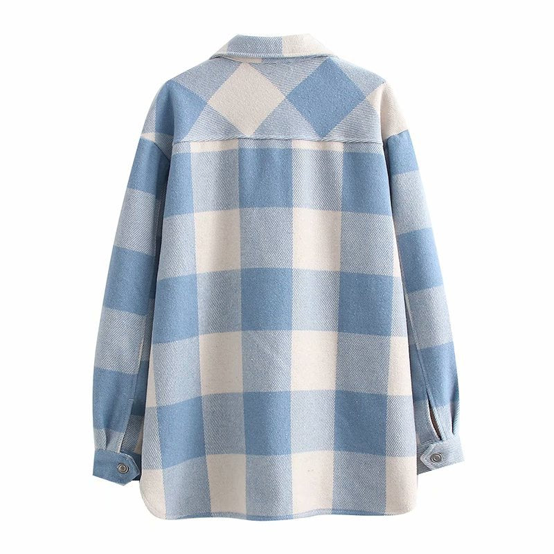 Women Fall Fall Plaid Woolen Shirt Coat Single-Breasted Mid-Length Top