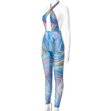 Summer Printed Sexy Backless Gauzy Tight Casual Sports Jumpsuit