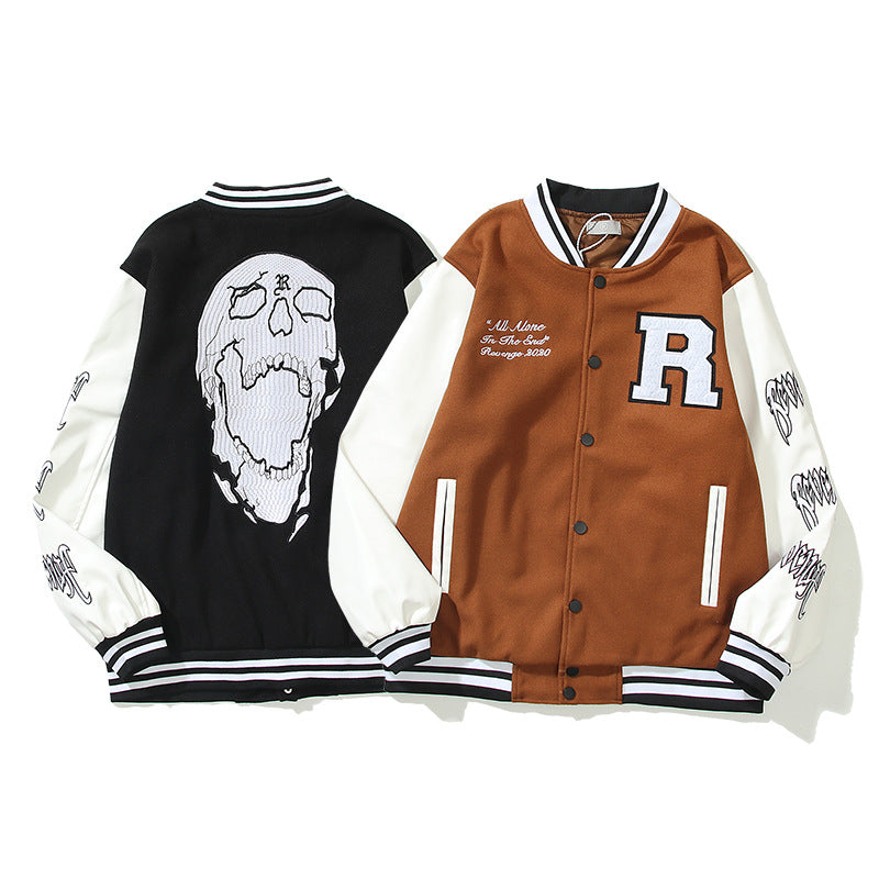 Brown Varsity Jacket Revenge Varsity Jacket Skull Embroidery Leather Sleeve Stitching Baseball Uniform Cotton Clothes Jacket Coat