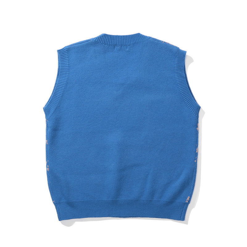 Men Sweater Vest Cartoon Character Jacquard Sweater Vest Men's BF Idle Style V-neck Sleeveless Sweater Vest