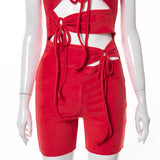 Stitching Solid Color Sleeveless Backless Lace-up Tied Slim Fit Shorts Jumpsuit